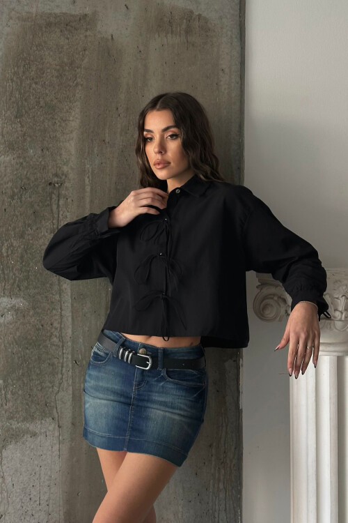 Siyah Bağcıklı Crop Dokuma Gömlek