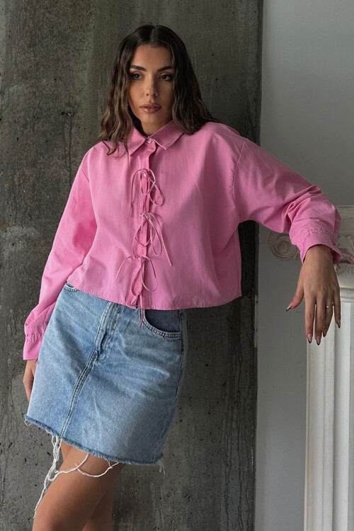Pembe Bağcıklı Crop Dokuma Gömlek
