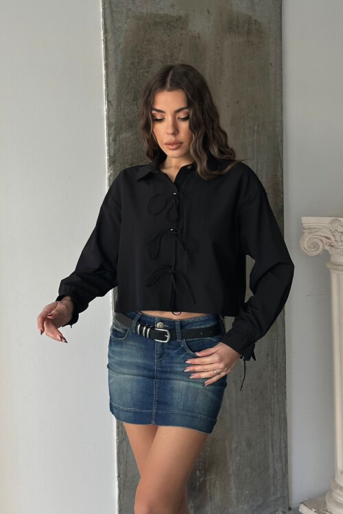 Siyah Bağcıklı Crop Dokuma Gömlek