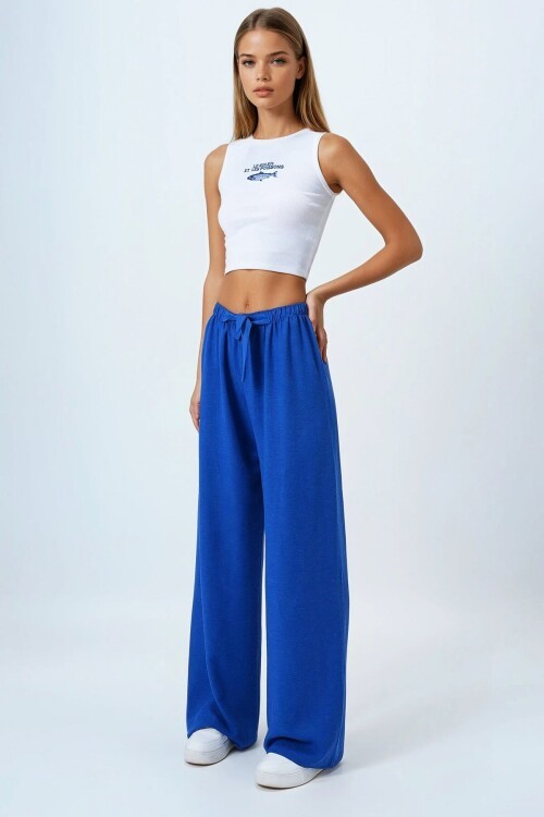 Saks Bağlamalı Beli Lastikli Keten Palazzo Pantolon