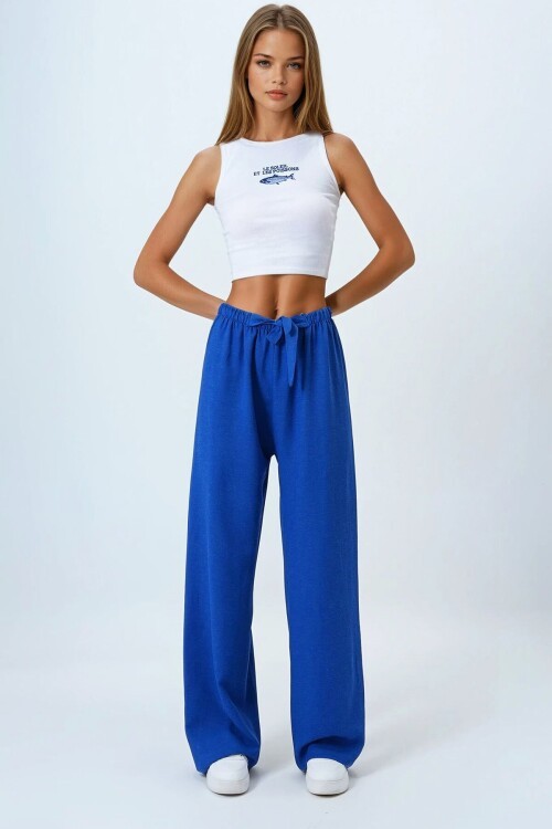 Saks Bağlamalı Beli Lastikli Keten Palazzo Pantolon