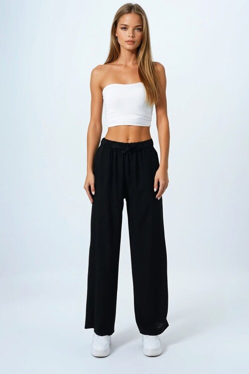 Siyah Bağlamalı Beli Lastikli Keten Palazzo Pantolon