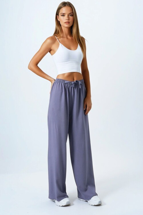 Vizon Bağlamalı Beli Lastikli Keten Palazzo Pantolon