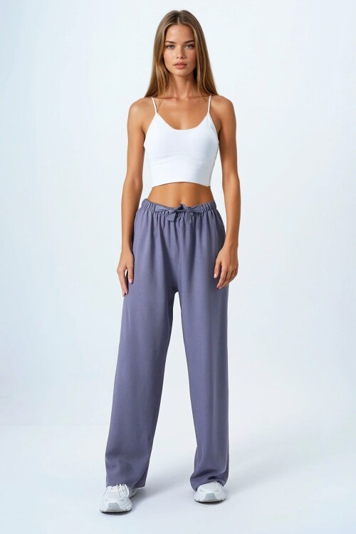 Vizon Bağlamalı Beli Lastikli Keten Palazzo Pantolon