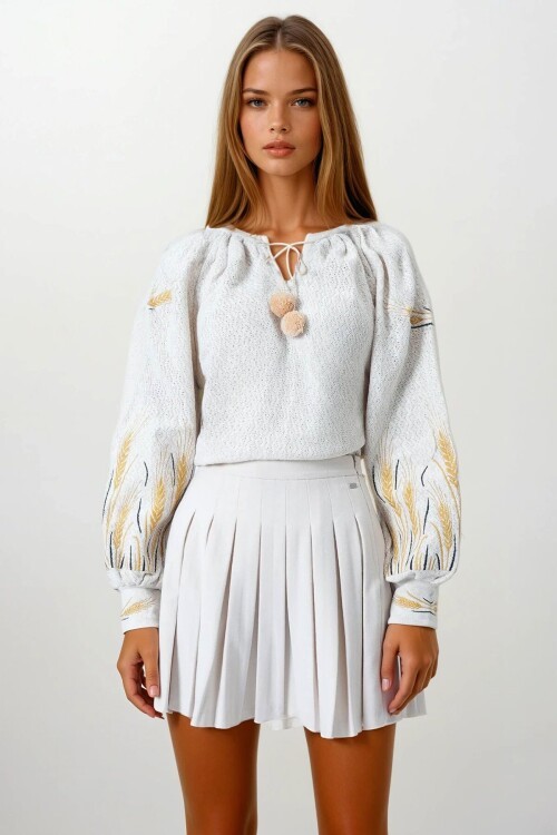 Bej Başak Nakışlı Bağcıklı Püskül Detaylı Bohem Bluz