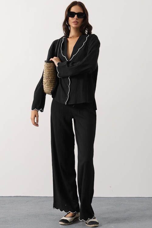 Siyah Bebe Yaka Gömlek Ve Beli Lastikli Pantolon Takım