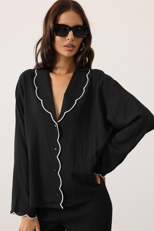 Siyah Bebe Yaka Gömlek Ve Beli Lastikli Pantolon Takım