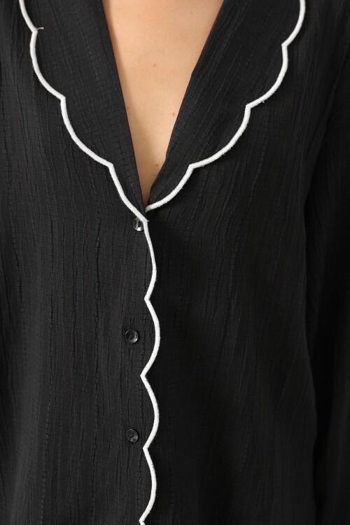 Siyah Bebe Yaka Gömlek Ve Beli Lastikli Pantolon Takım