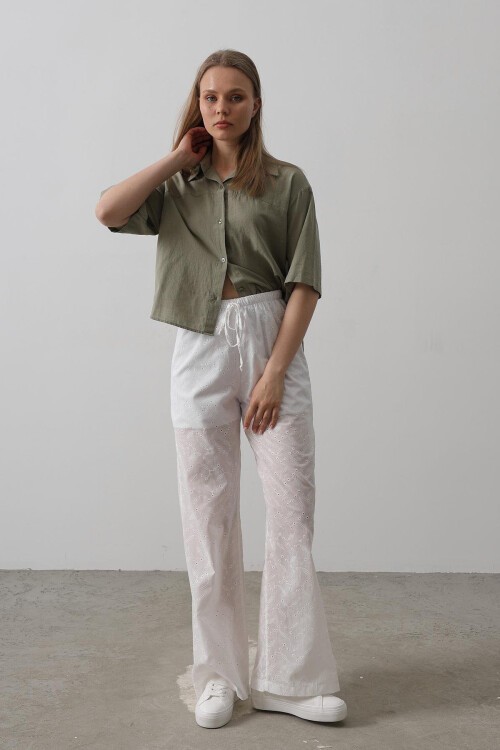 Beyaz Beli Bağlamalı Brode Pantolon