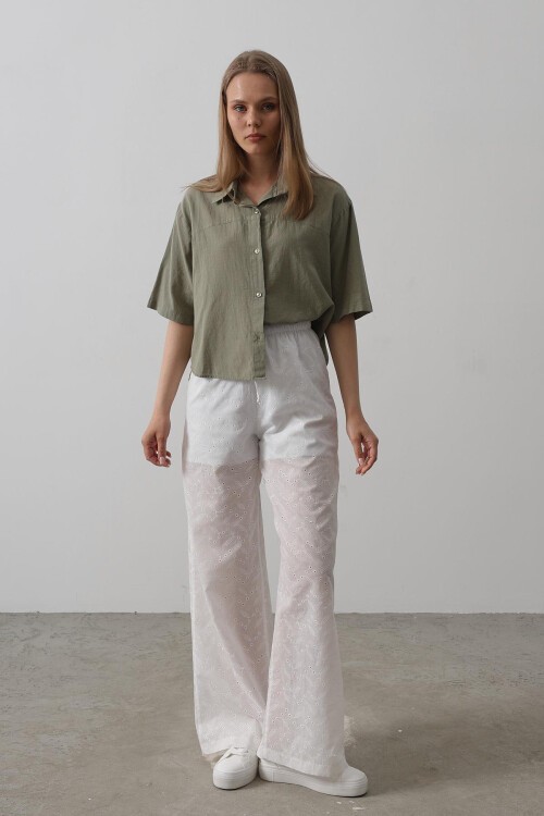 Beyaz Beli Bağlamalı Brode Pantolon