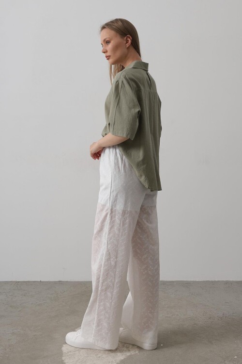 Beyaz Beli Bağlamalı Brode Pantolon