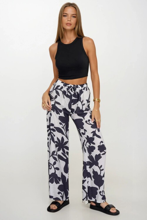 Antrasit Beli Lastikli Bağcıklı Desenli Viskon Palazzo Pantolon