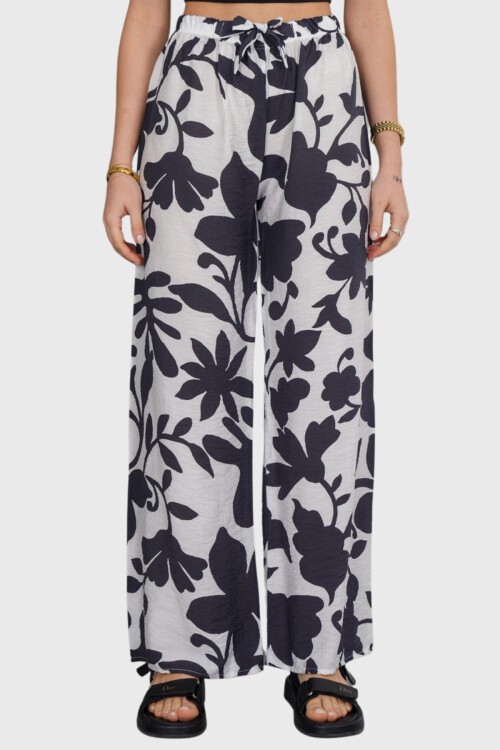 Antrasit Beli Lastikli Bağcıklı Desenli Viskon Palazzo Pantolon