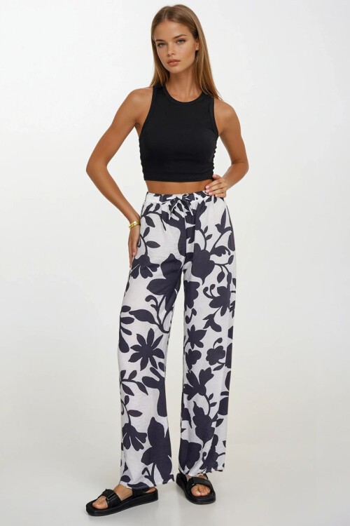 Antrasit Beli Lastikli Bağcıklı Desenli Viskon Palazzo Pantolon