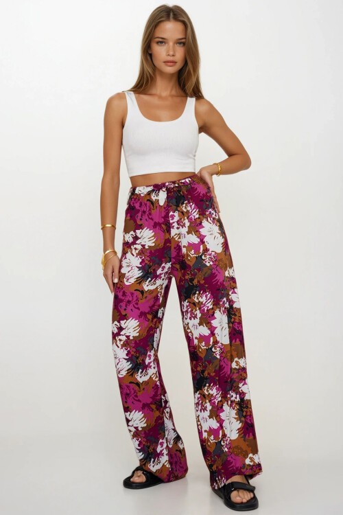 Fuşya Beli Lastikli Bağcıklı Desenli Viskon Palazzo Pantolon