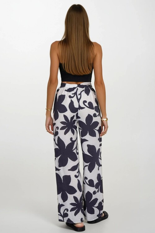 Antrasit Beli Lastikli Bağcıklı Desenli Viskon Palazzo Pantolon