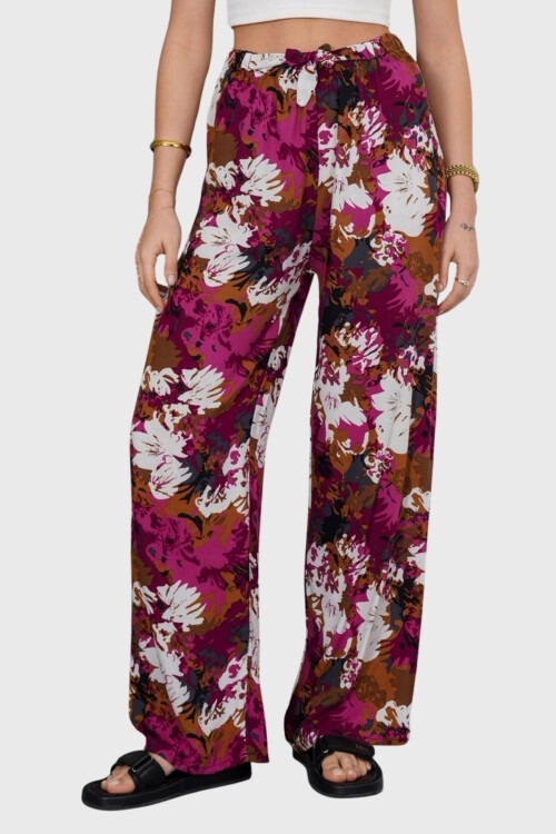 Fuşya Beli Lastikli Bağcıklı Desenli Viskon Palazzo Pantolon