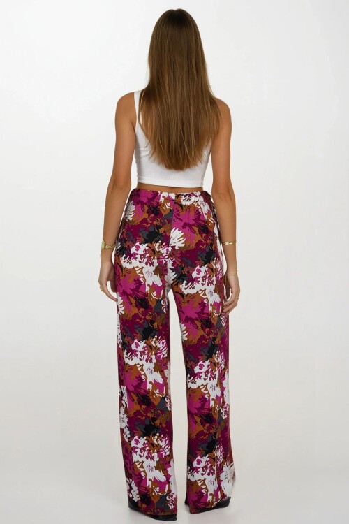 Fuşya Beli Lastikli Bağcıklı Desenli Viskon Palazzo Pantolon