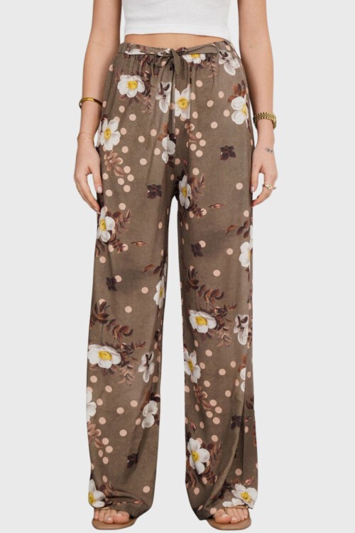 Haki Beli Lastikli Bağcıklı Desenli Viskon Palazzo Pantolon