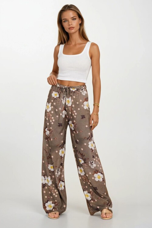 Haki Beli Lastikli Bağcıklı Desenli Viskon Palazzo Pantolon