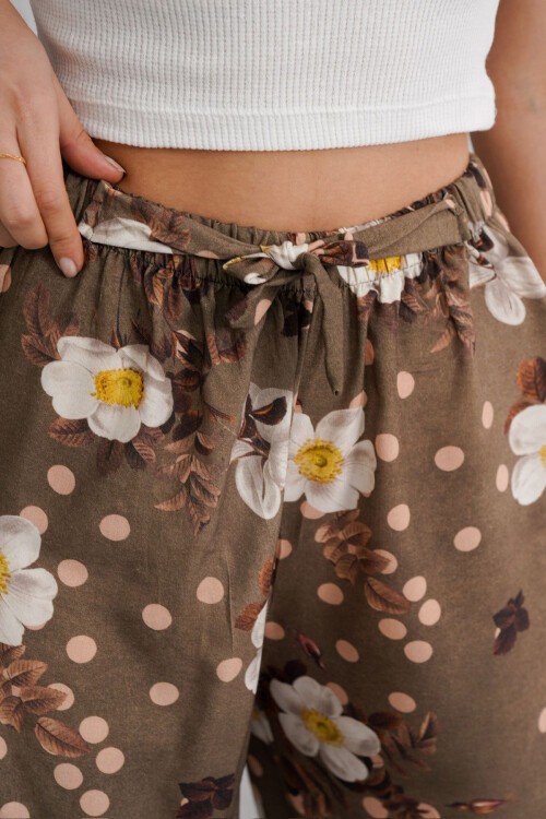 Haki Beli Lastikli Bağcıklı Desenli Viskon Palazzo Pantolon