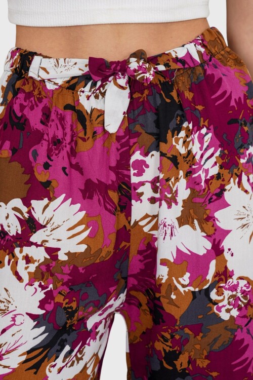 Fuşya Beli Lastikli Bağcıklı Desenli Viskon Palazzo Pantolon