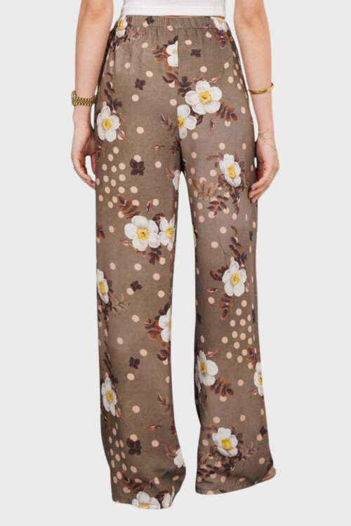 Haki Beli Lastikli Bağcıklı Desenli Viskon Palazzo Pantolon