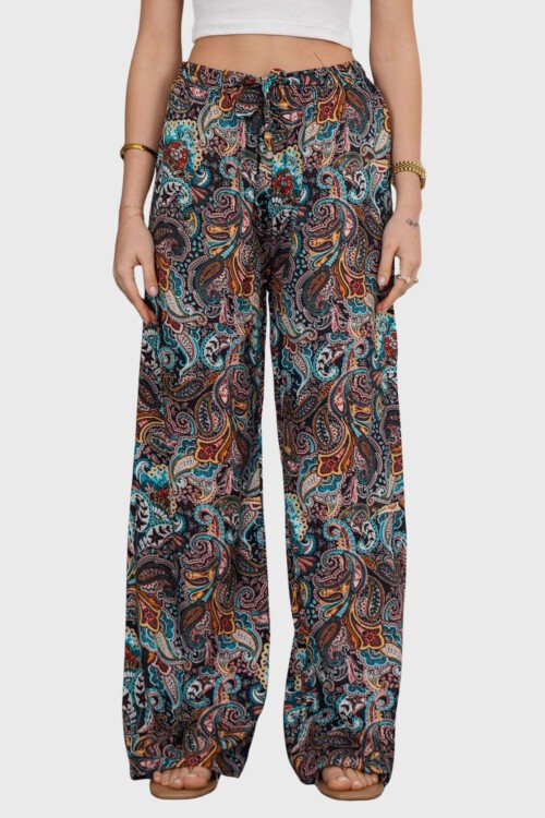 Mavi Desenli Beli Lastikli Bağcıklı Desenli Viskon Palazzo Pantolon