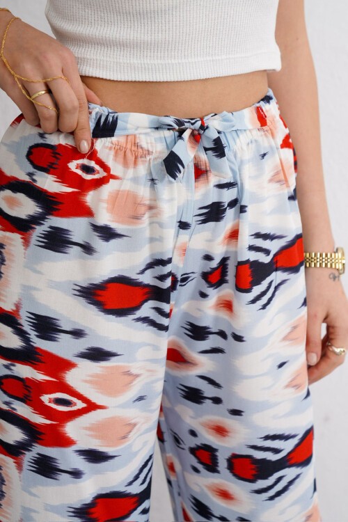 Kırmızı Beli Lastikli Bağcıklı Desenli Viskon Palazzo Pantolon