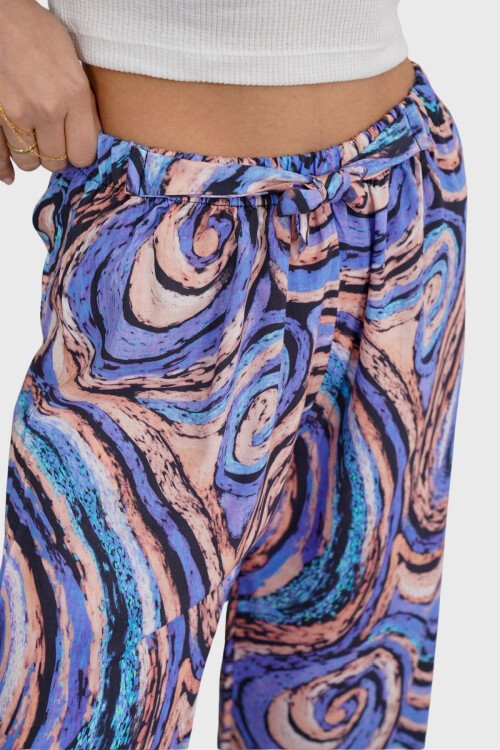 Lila Beli Lastikli Bağcıklı Desenli Viskon Palazzo Pantolon