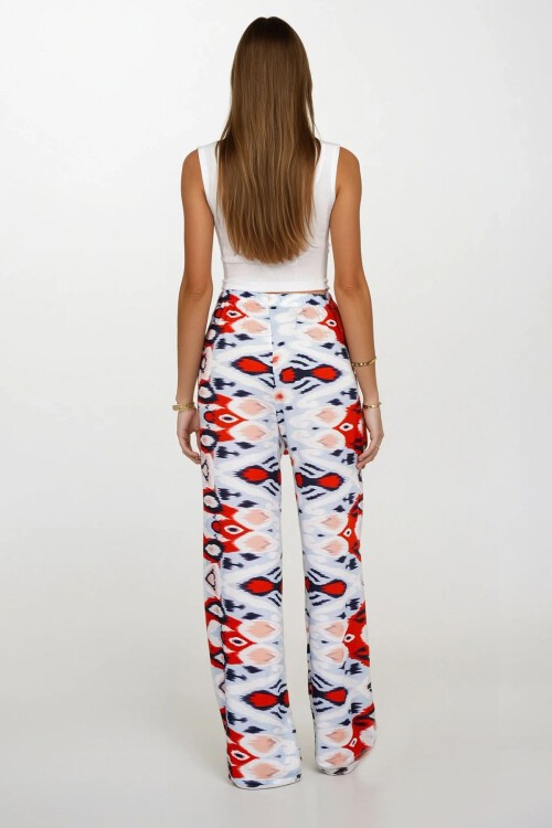Kırmızı Beli Lastikli Bağcıklı Desenli Viskon Palazzo Pantolon