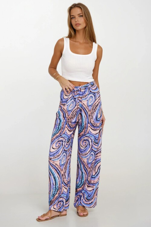 Lila Beli Lastikli Bağcıklı Desenli Viskon Palazzo Pantolon