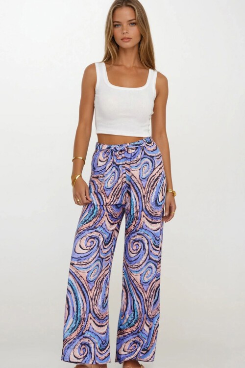 Lila Beli Lastikli Bağcıklı Desenli Viskon Palazzo Pantolon