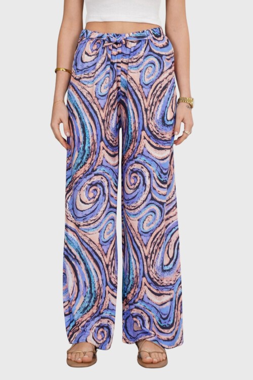 Lila Beli Lastikli Bağcıklı Desenli Viskon Palazzo Pantolon