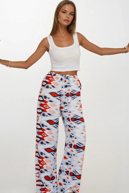 Kırmızı Beli Lastikli Bağcıklı Desenli Viskon Palazzo Pantolon