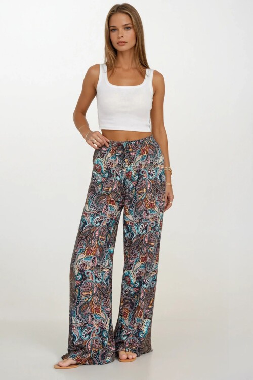 Mavi Desenli Beli Lastikli Bağcıklı Desenli Viskon Palazzo Pantolon