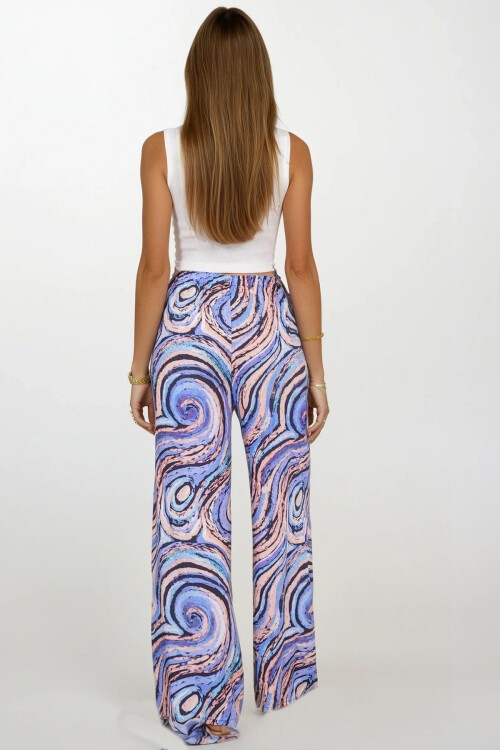 Lila Beli Lastikli Bağcıklı Desenli Viskon Palazzo Pantolon