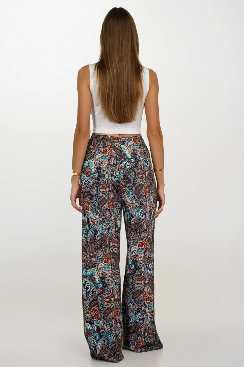 Mavi Desenli Beli Lastikli Bağcıklı Desenli Viskon Palazzo Pantolon