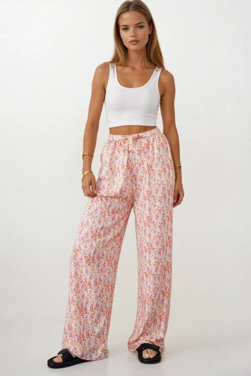 Pembe Beli Lastikli Bağcıklı Desenli Viskon Palazzo Pantolon