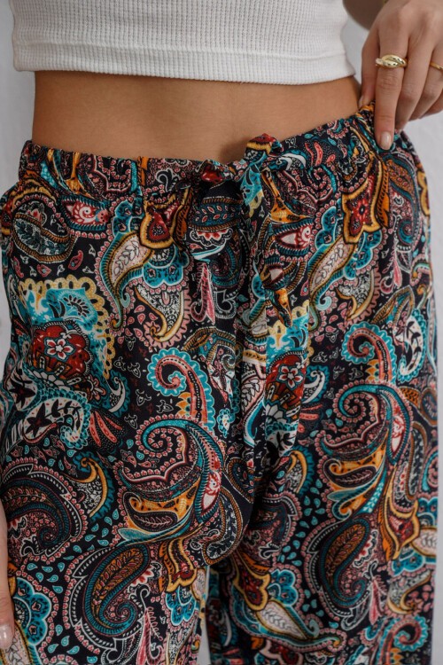 Mavi Desenli Beli Lastikli Bağcıklı Desenli Viskon Palazzo Pantolon