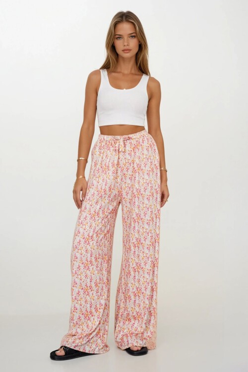 Pembe Beli Lastikli Bağcıklı Desenli Viskon Palazzo Pantolon