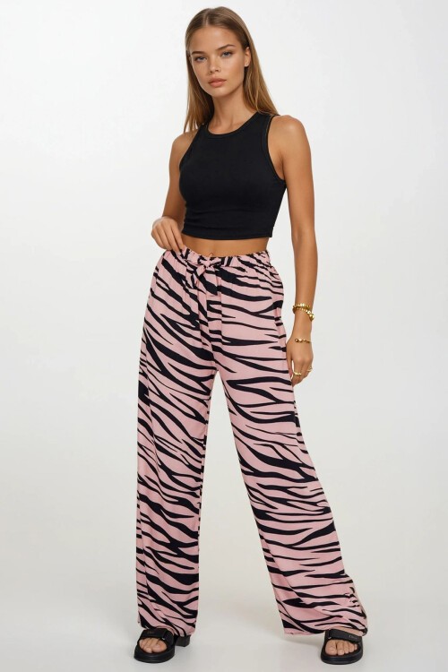 Pudra Beli Lastikli Bağcıklı Desenli Viskon Palazzo Pantolon