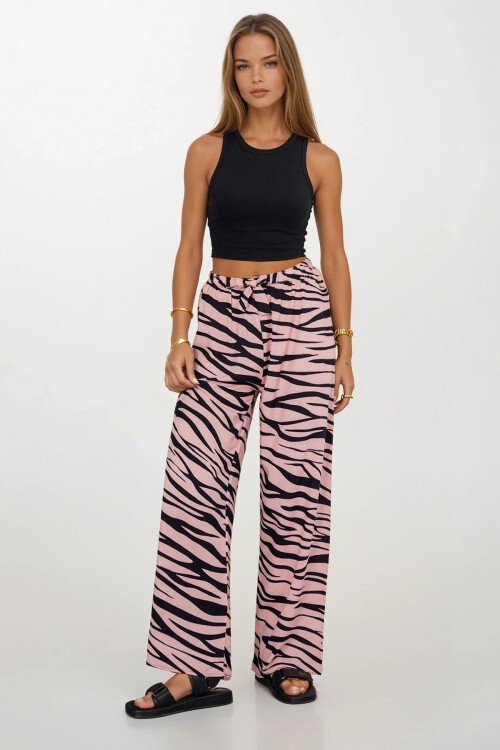 Pudra Beli Lastikli Bağcıklı Desenli Viskon Palazzo Pantolon