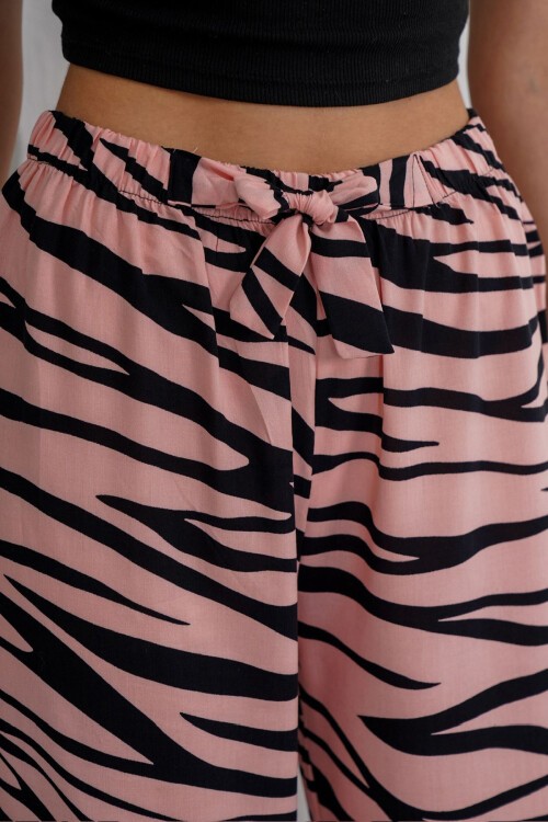 Pudra Beli Lastikli Bağcıklı Desenli Viskon Palazzo Pantolon