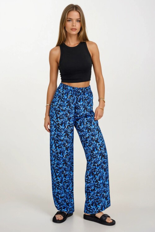 Saks Beli Lastikli Bağcıklı Desenli Viskon Palazzo Pantolon