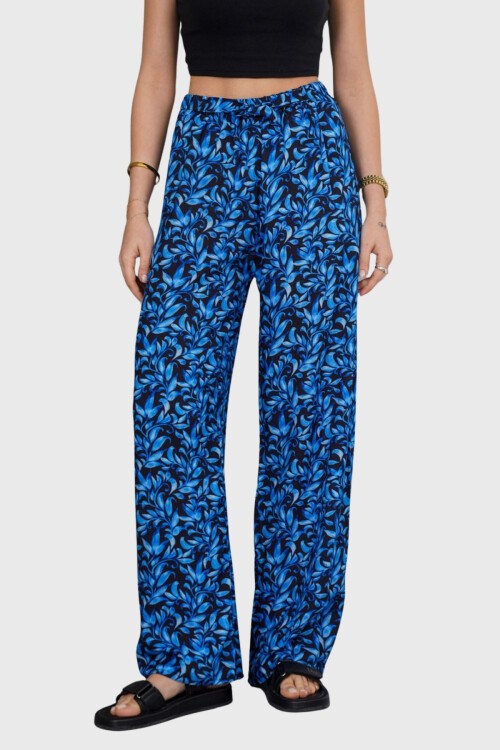 Saks Beli Lastikli Bağcıklı Desenli Viskon Palazzo Pantolon