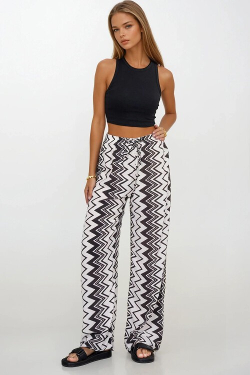 Siyah-Beyaz Beli Lastikli Bağcıklı Desenli Viskon Palazzo Pantolon