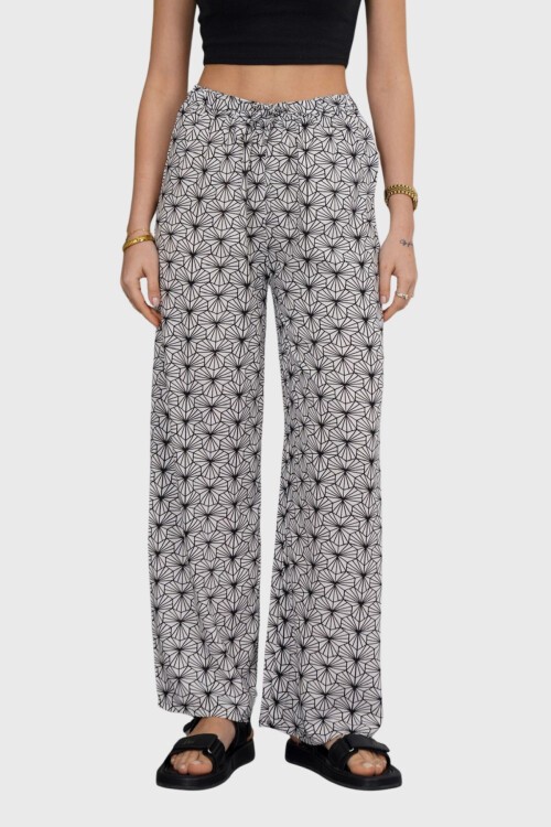 Siyah-Çizgili Beli Lastikli Bağcıklı Desenli Viskon Palazzo Pantolon