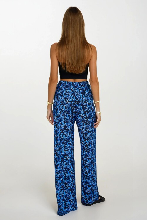 Saks Beli Lastikli Bağcıklı Desenli Viskon Palazzo Pantolon