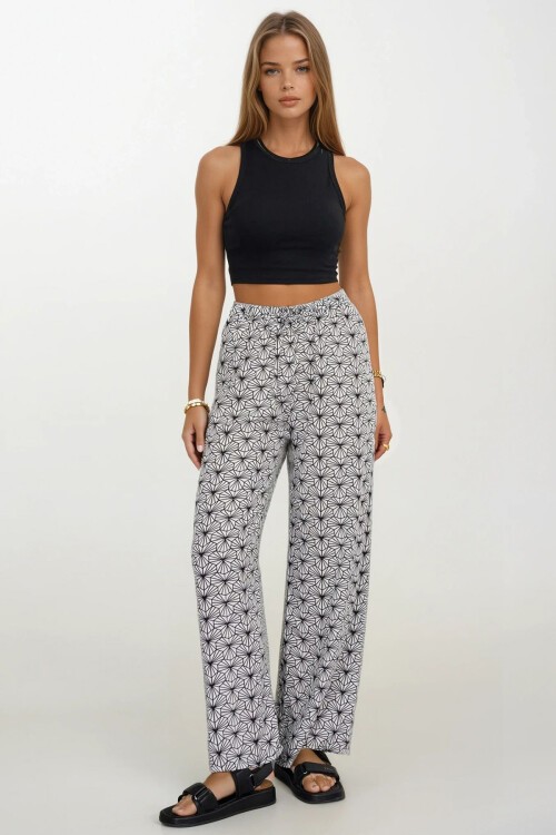 Siyah-Çizgili Beli Lastikli Bağcıklı Desenli Viskon Palazzo Pantolon